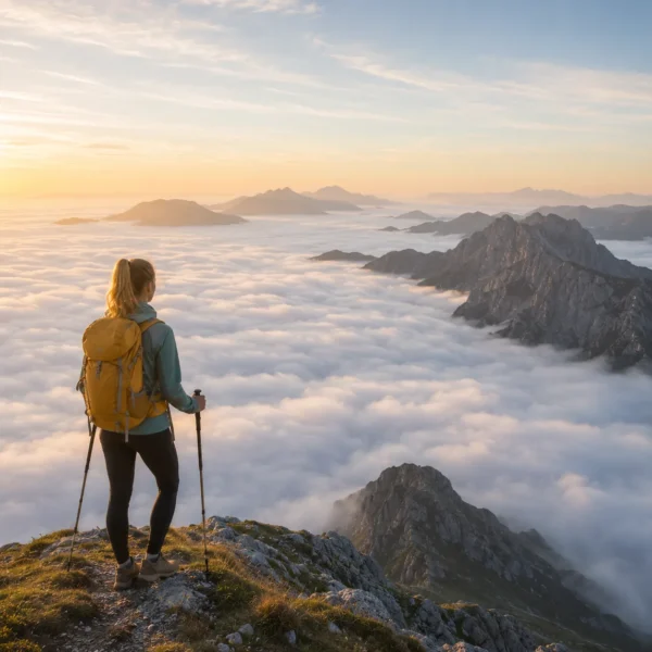 Hiker with backpack standing above a sea of clouds at a mountain summit on a travel trek