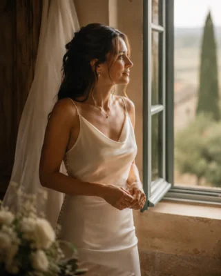 Bride in a silk slip dress getting ready by a villa window with the Tuscan countryside behind her