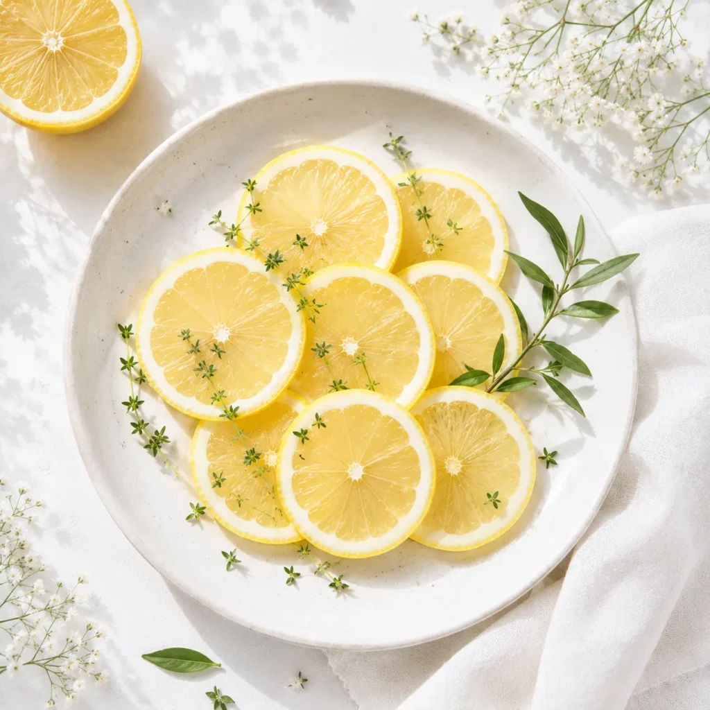 White plate of thin lemon slices dressed with thyme and a green sprig