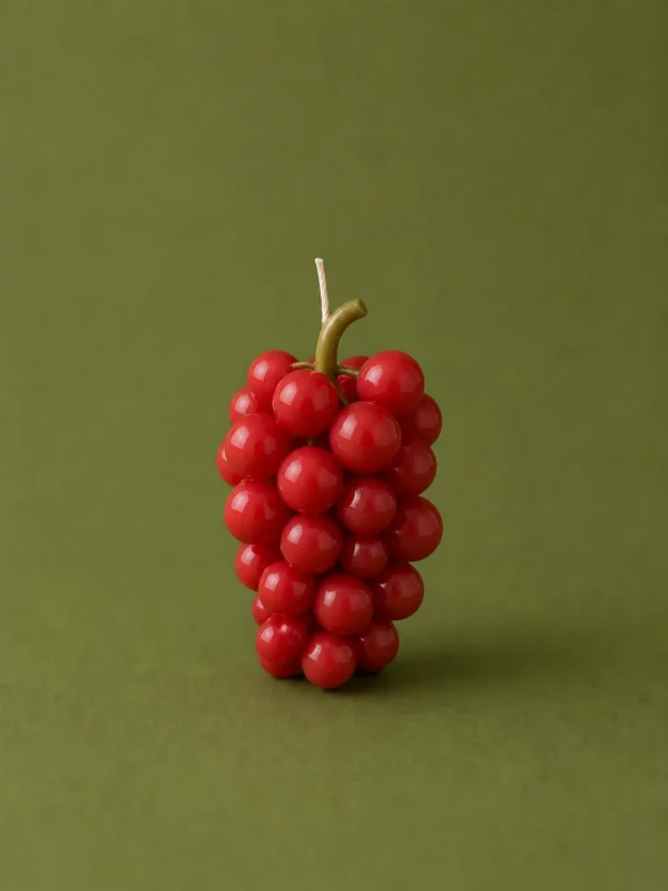 Red candle moulded as a cluster of grapes with a stem, on an olive green background