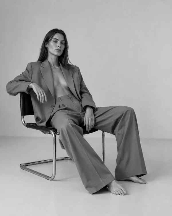 Model in a light grey open suit seated low in a chair with legs crossed, relaxed editorial fashion portrait