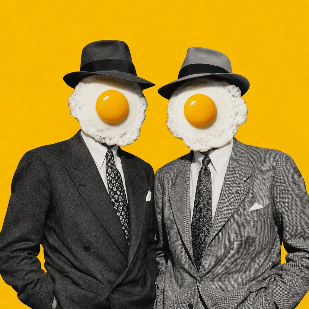 Vintage collage of two suited men whose faces are replaced by fried eggs on a yellow background