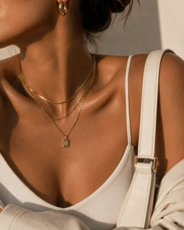 Close-up of layered gold necklaces and a white top with a shoulder bag strap