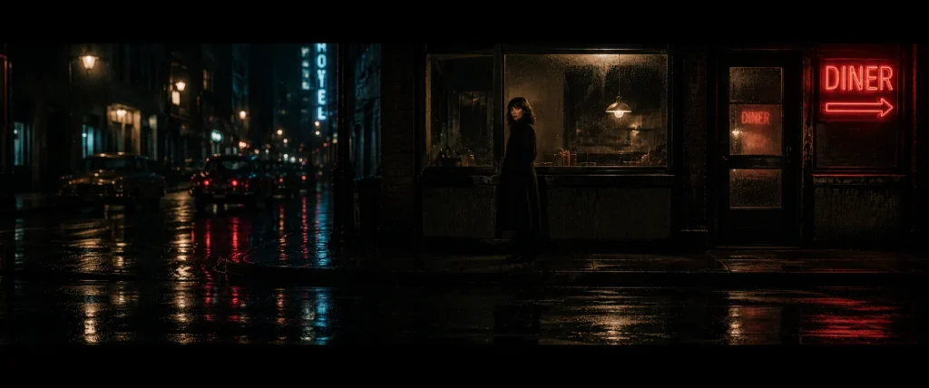 Distant figure standing outside a darkened storefront on an empty wet street under a red DINER arrow sign at night