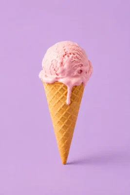 Single pink ice cream scoop in a waffle cone against a soft lilac background