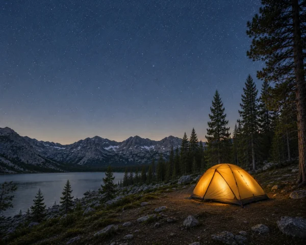 Glowing tent pitched by a mountain lake under a deep blue night sky on a camping travel trip