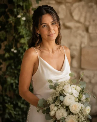 Bride holding a white bouquet beside a sunlit stone wall, a Tuscan countryside wedding portrait