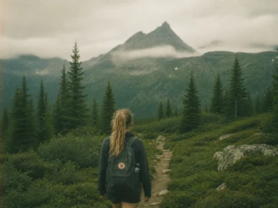 Layered pine-forest ridges fading into mist under a pale sky on an adventure trip