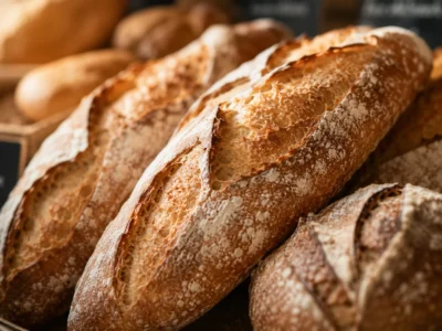 Close-up of rustic sourdough baguettes with deeply scored, flour-dusted crackling crust