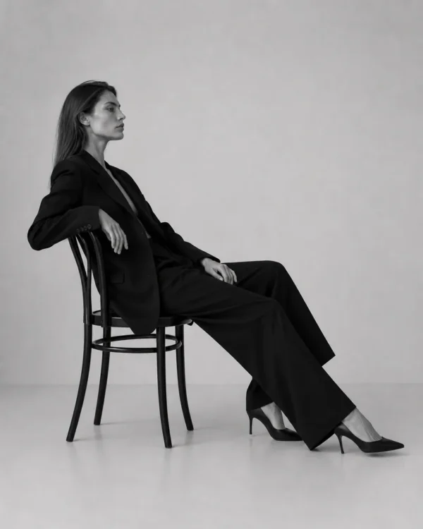Model in a black suit and heels seated sideways on a wooden chair looking up, editorial fashion portrait