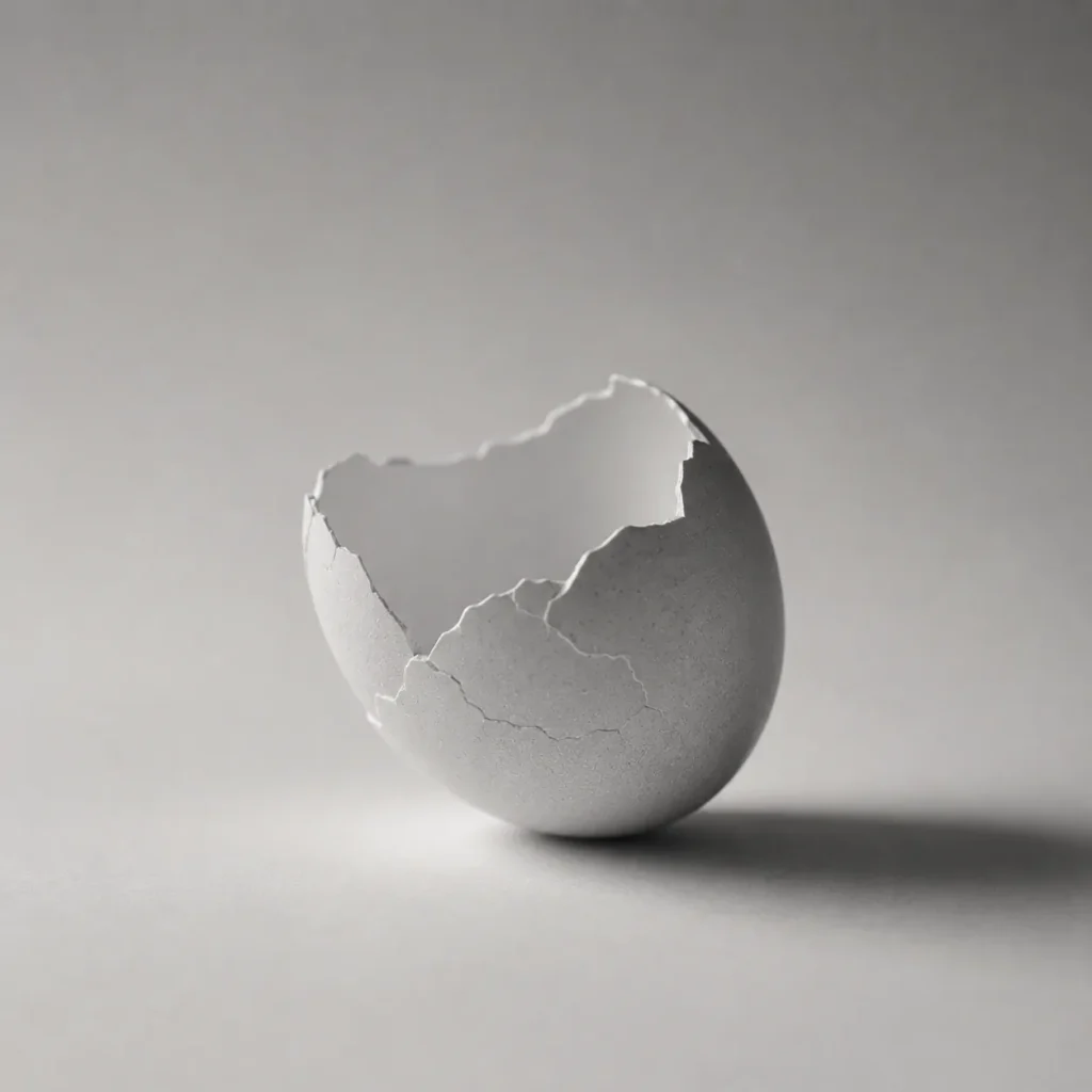 A single cracked empty white eggshell standing upright in soft grey studio light