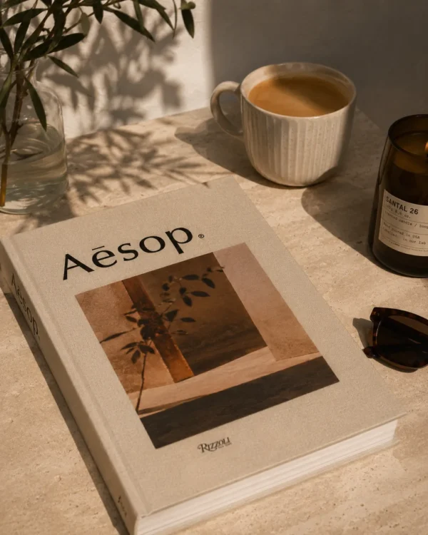 Aesop book and skincare beside a latte and candle on a sunlit neutral flatlay