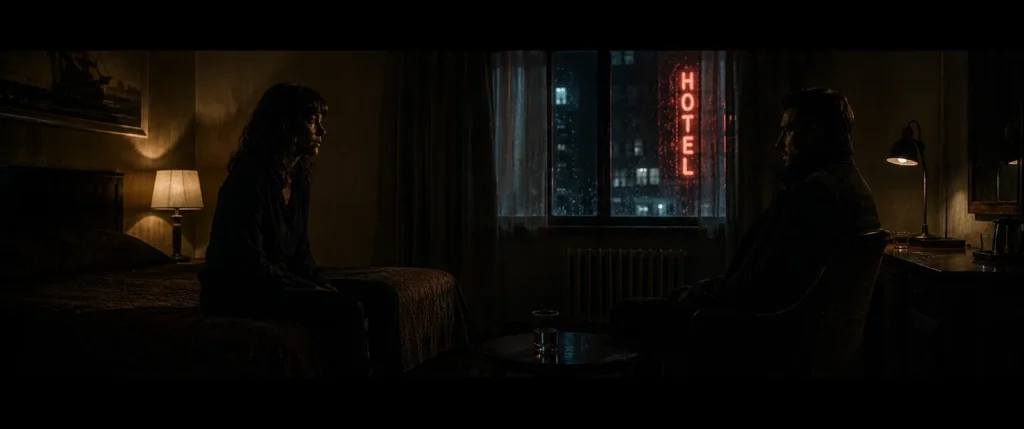 Man and woman sitting across a dim hotel room with a red HOTEL neon sign glowing through the window at night