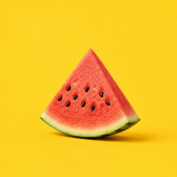 A watermelon wedge on bright yellow.