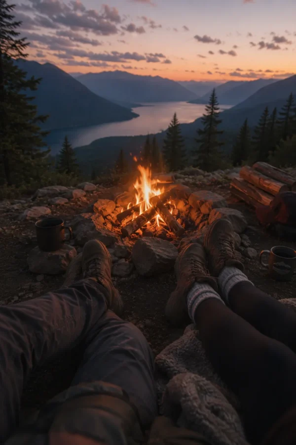 Campfire burning at a lakeside camp at dusk on a wilderness travel trip