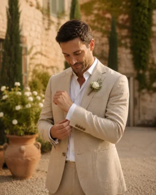 Groom in a linen suit fastening his buttonhole in a villa courtyard at a Tuscan wedding