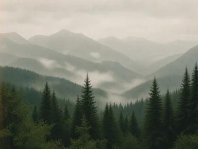 Hiker with a backpack walking a forest path toward a cloud-topped peak on an adventure trip
