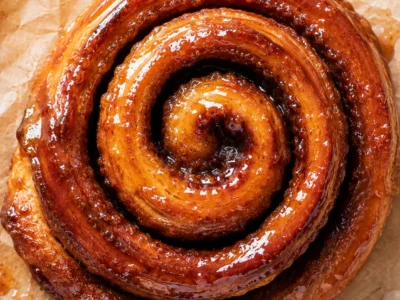 Overhead view of a glazed cinnamon pastry swirl on parchment, syrup pooling at the edges