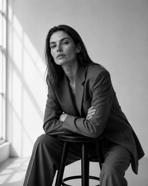 Model in a brown suit leaning on a stool in directional window light, moody editorial fashion portrait