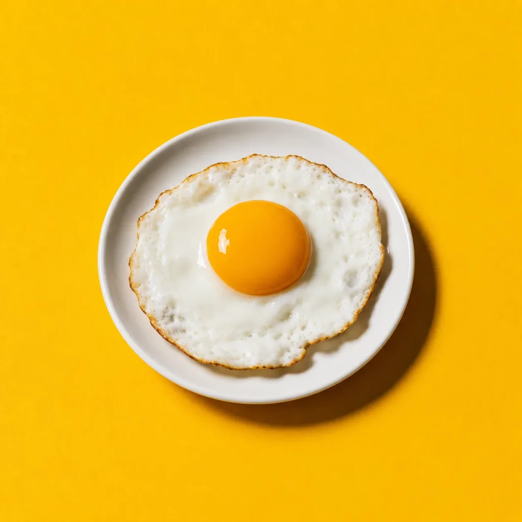 A single fried egg with a bright yolk on a white plate against a vivid yellow background