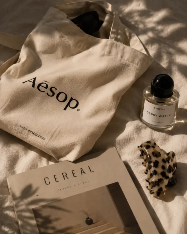 Aesop tote bag, serum bottle and leopard clip arranged in dappled sunlight