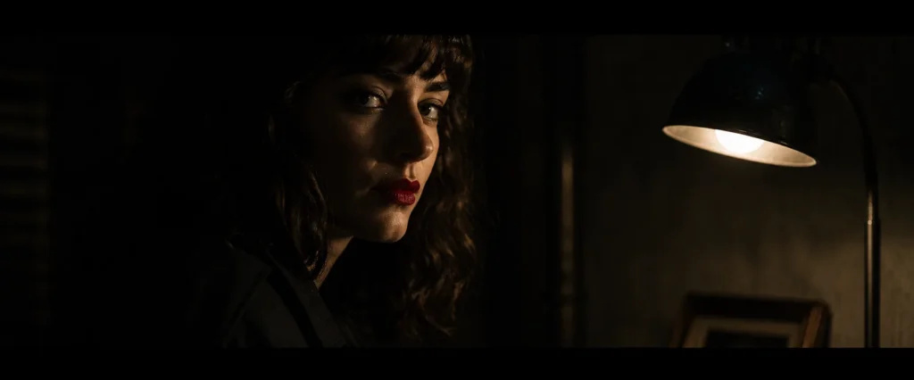 Woman's face turned toward a desk lamp in a shadowy room at night, soft warm light, neo-noir film still