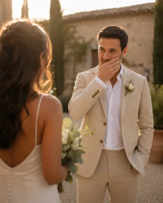 Couple sharing an emotional first look in a sunlit villa courtyard at a Tuscan countryside wedding