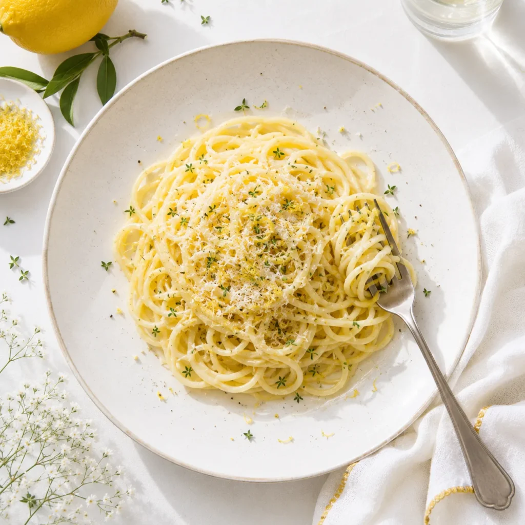 Bowl of lemon spaghetti topped with zest and cheese, fork resting on the rim