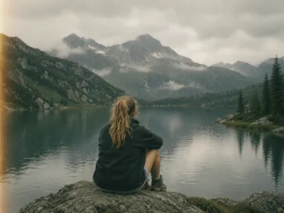 Hiker sitting on a rock at the edge of a still alpine lake facing the mountains on an adventure trip