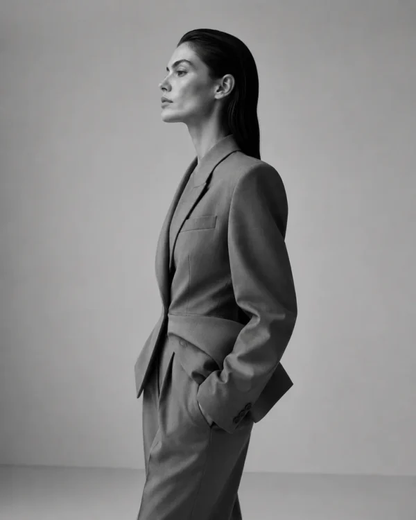 Model in a fitted grey suit standing in side profile with hands in pockets, minimalist editorial fashion shot
