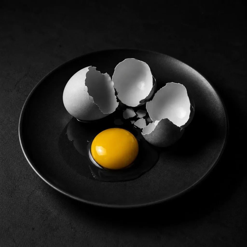 A golden egg yolk and broken white shell pieces arranged on a black plate in dramatic light