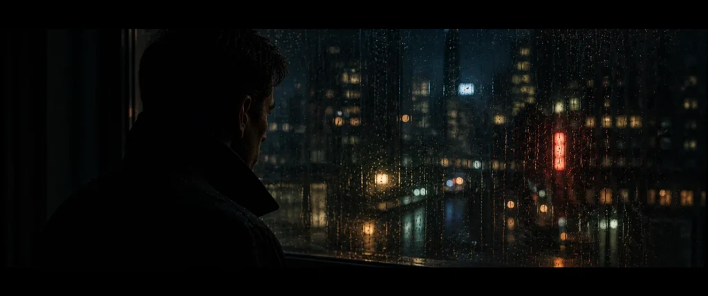 Man in silhouette looking out a rain-streaked window over a glittering night city skyline, neo-noir film still