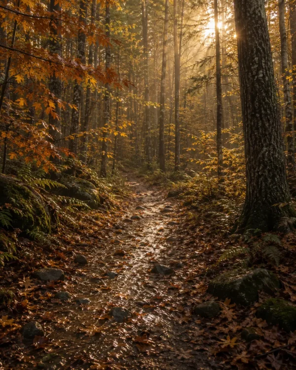 Sunbeams breaking through a dense autumn forest over a leaf-strewn path on a travel hike