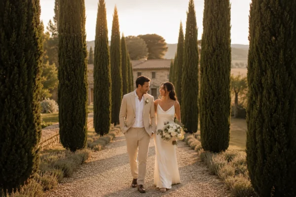 Bride and groom embracing along an avenue of tall cypress trees at a Tuscan countryside wedding