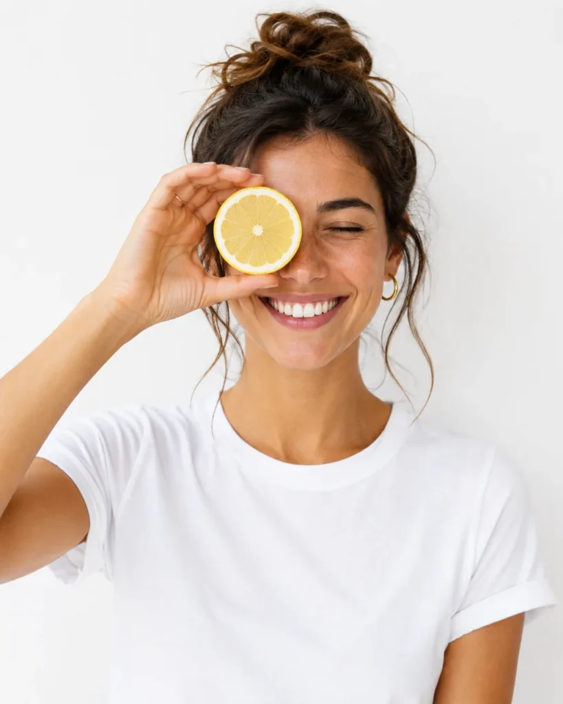 Smiling woman in a white tee holding half a lemon over one eye