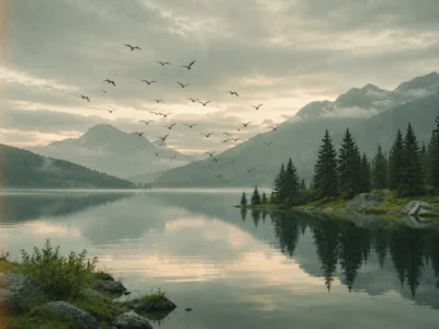 Flock of birds rising over a mirror-calm lake at dawn with mountains behind on an adventure trip
