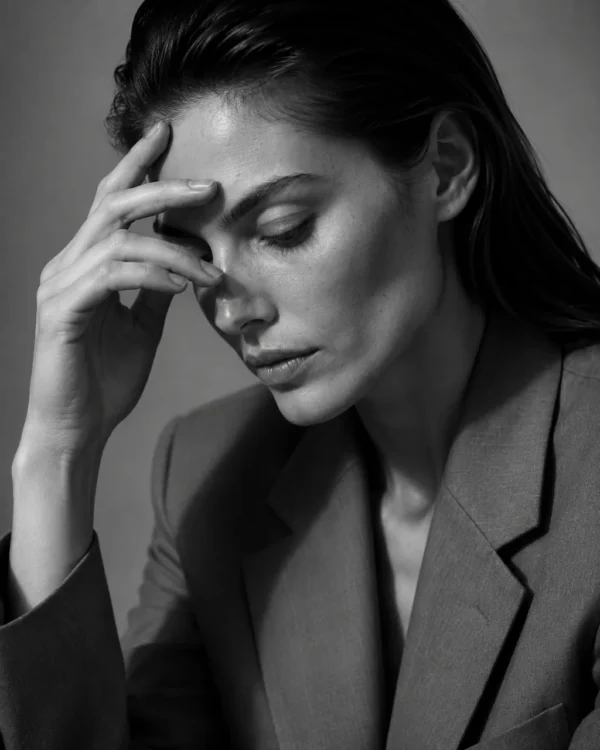 Dramatic black-and-white portrait of a model in a blazer shielding her eyes with one hand, editorial fashion