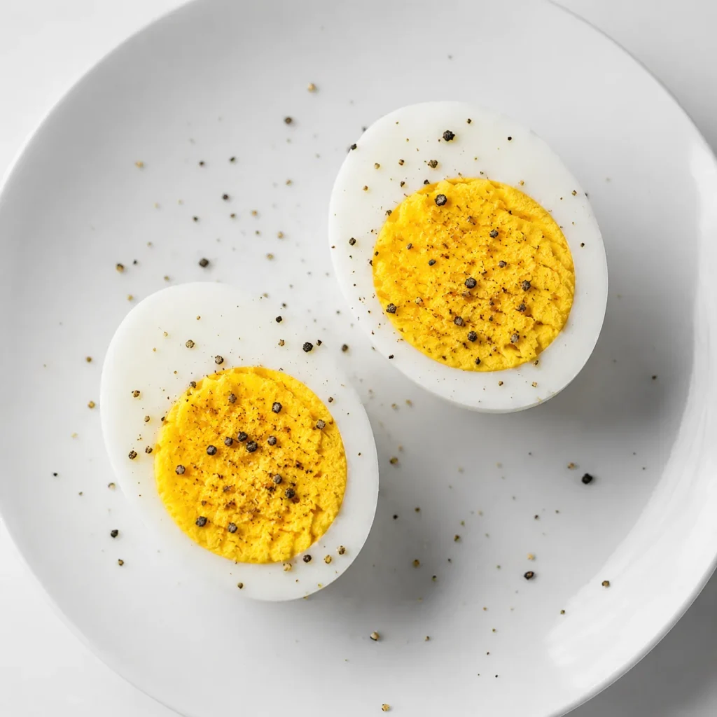 Two halves of a hard-boiled egg with peppered yolks on a white plate scattered with black pepper
