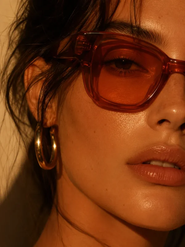 Close portrait of an influencer in bold red cat-eye sunglasses and gold hoops
