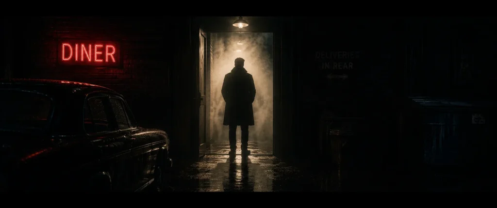 Silhouetted man in a long coat standing in a foggy alley doorway beside a red DINER sign and parked car at night