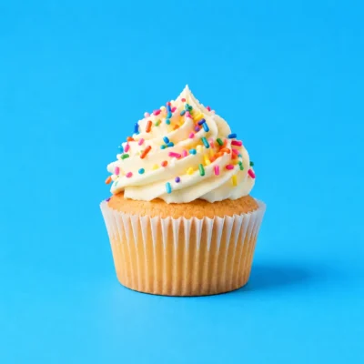 Frosted cupcake topped with sprinkles standing against a bright blue background