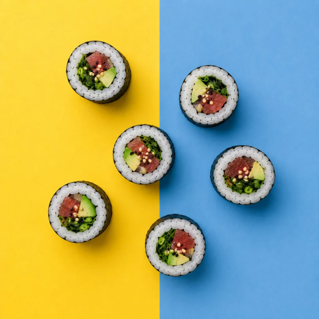 Assorted maki rolls scattered across a light blue surface beside a small dish of soy sauce