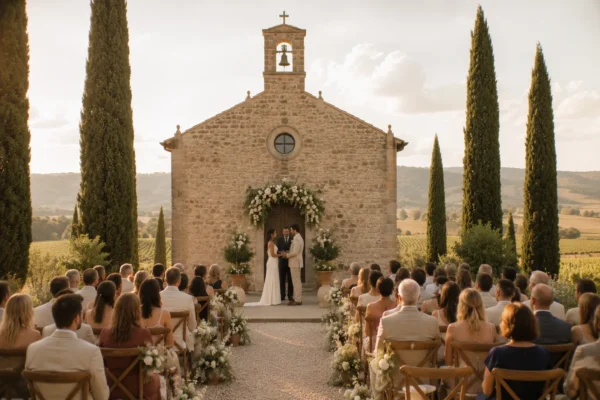 Outdoor ceremony seating facing a small stone chapel in the Tuscan hills as guests gather