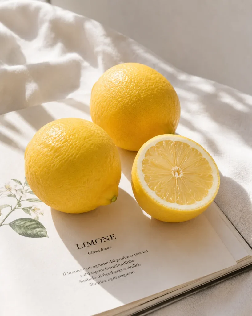 Two whole lemons and a halved lemon resting on an open book page titled Limone