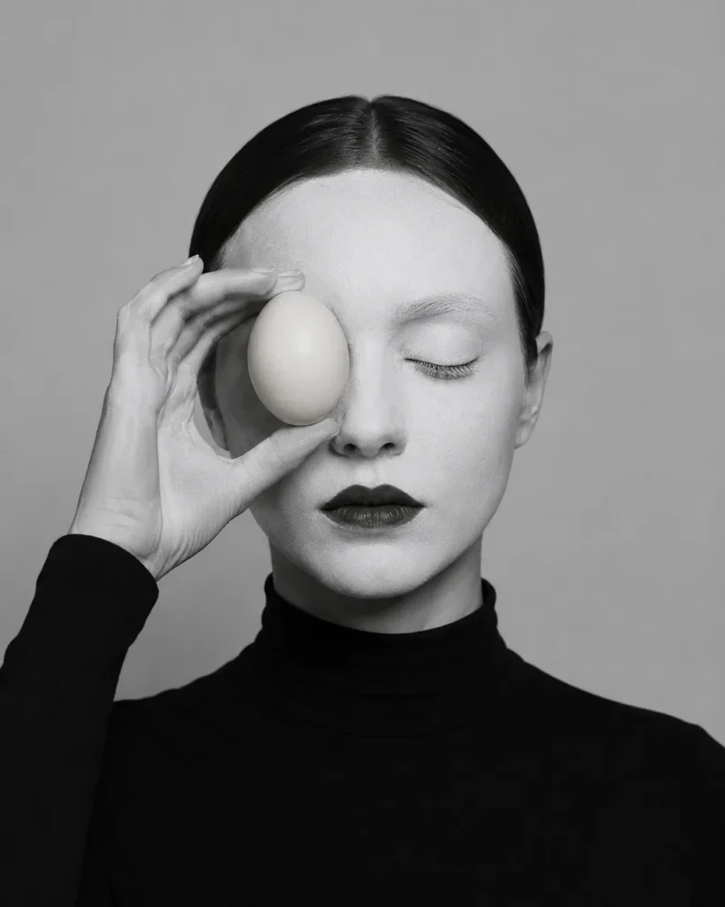 Black and white portrait of a woman with dark lipstick holding a white egg over one closed eye