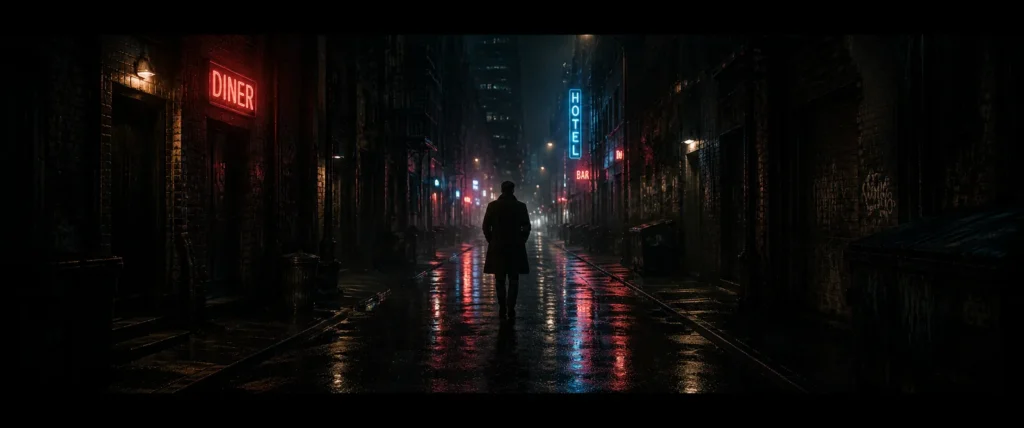 Lone coated figure walking down a narrow neon alley framed by DINER and HOTEL signs on a rainy night