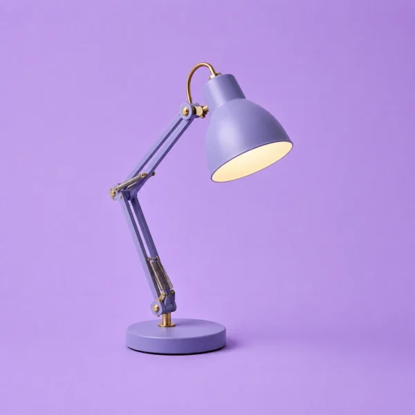 A chrome desk lamp on lavender.