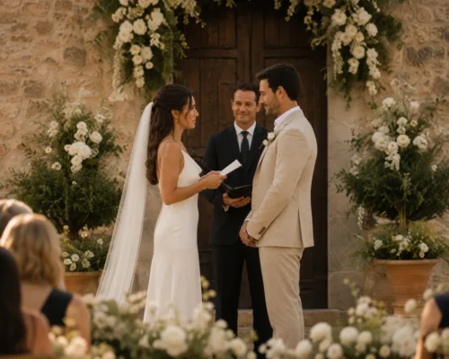 Bride and groom exchanging vows in a flower-framed stone doorway at a Tuscan countryside wedding