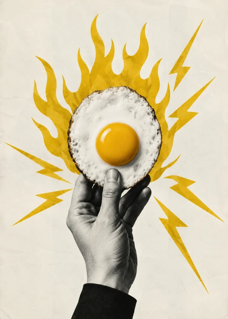 Collage of a hand holding a fried egg ringed by drawn yellow flames and lightning bolts