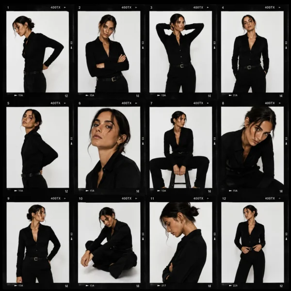Contact-sheet grid of an influencer in an all-black outfit striking twelve poses
